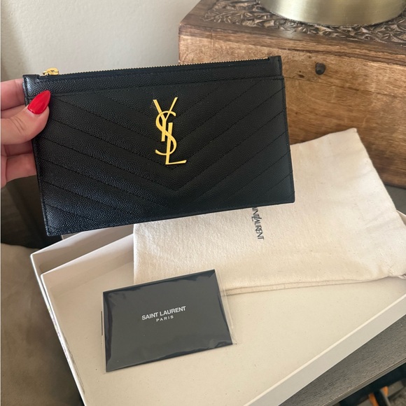 Yves Saint Laurent Black Chevron Wristlet with Gold Emblem - Picture 3 of 7